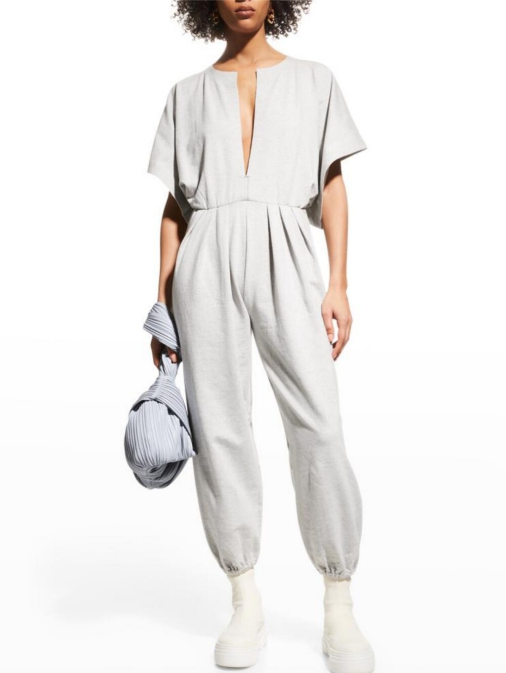 Norma Kamali Rectangle Jog Jumpsuit XS/Small Gray Relaxed Cuffed Ankle V-neck